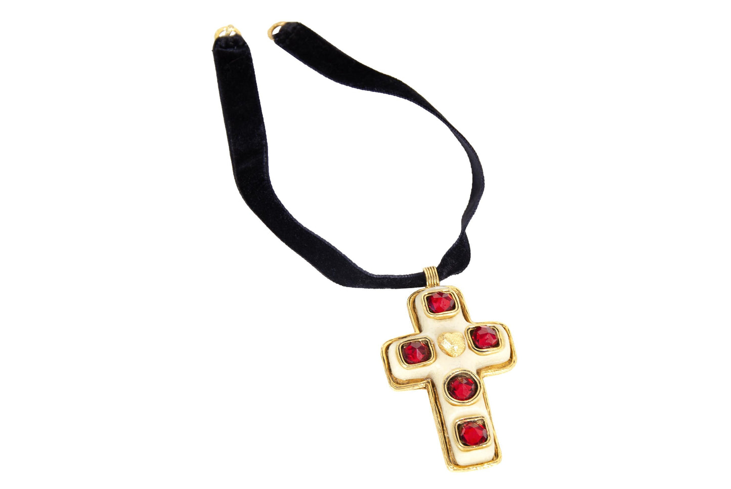Vintage 90s oversized gold tone metal cross pendant with red stones / Baroque abstract cross with golden heart detail black velvet choker