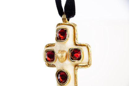 Vintage 90s oversized gold tone metal cross pendant with red stones / Baroque abstract cross with golden heart detail black velvet choker