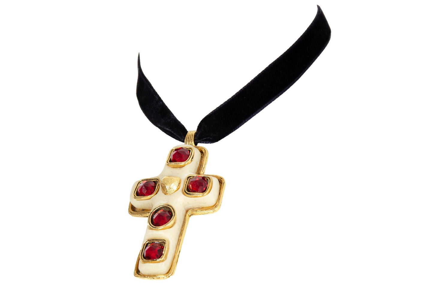 Vintage 90s oversized gold tone metal cross pendant with red stones / Baroque abstract cross with golden heart detail black velvet choker