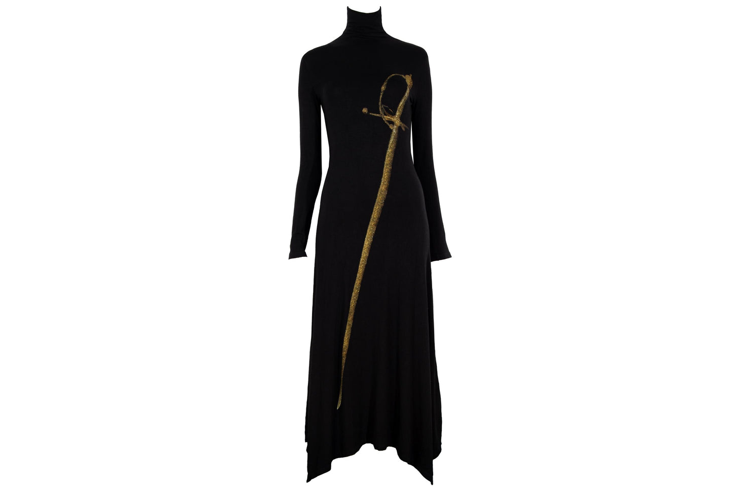 Vintage Spanish designer sword print black turtleneck maxi dress / Made in Spain