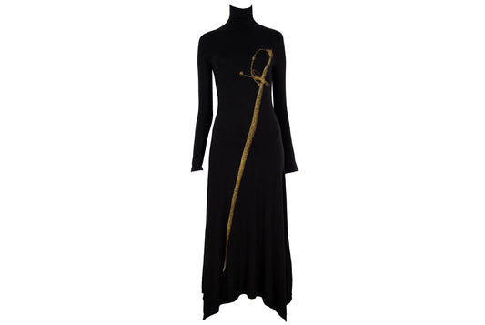Vintage Spanish designer sword print black turtleneck maxi dress / Made in Spain