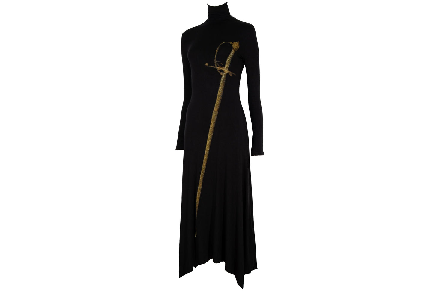 Vintage Spanish designer sword print black turtleneck maxi dress / Made in Spain