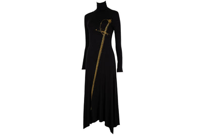 Vintage Spanish designer sword print black turtleneck maxi dress / Made in Spain