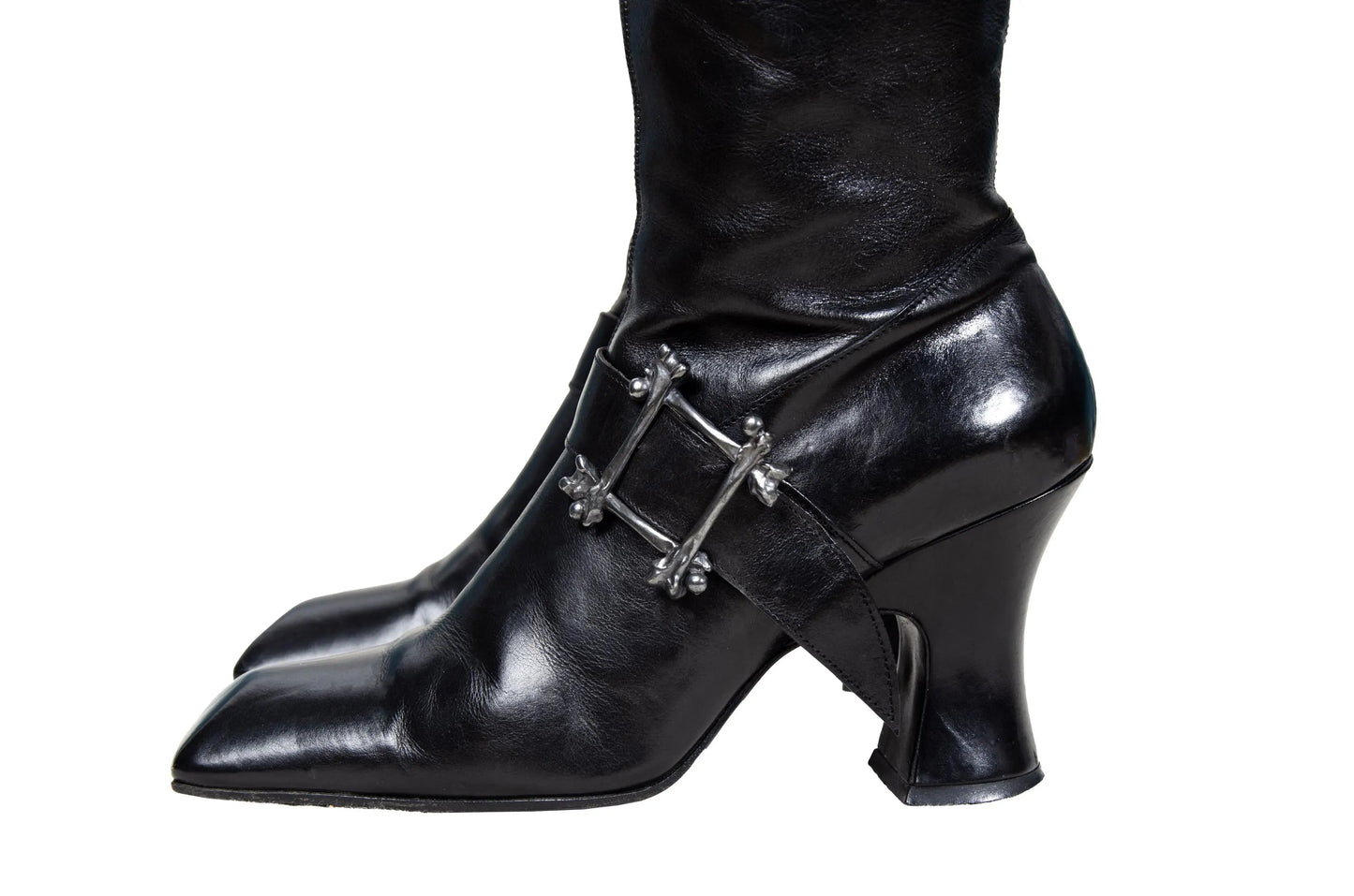 Vintage Michel Perry black leather square toe tall hourglass heels boots with metal bones buckle / Made in Italy