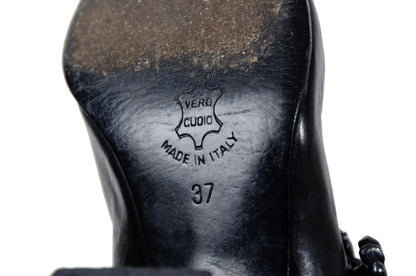 Vintage Michel Perry black leather square toe tall hourglass heels boots with metal bones buckle / Made in Italy