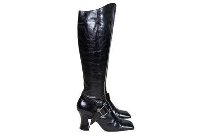 Vintage Michel Perry black leather square toe tall hourglass heels boots with metal bones buckle / Made in Italy