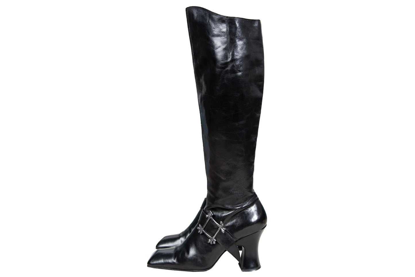 Vintage Michel Perry black leather square toe tall hourglass heels boots with metal bones buckle / Made in Italy