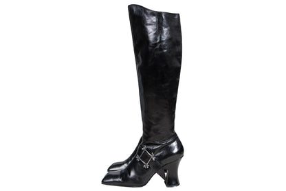 Vintage Michel Perry black leather square toe tall hourglass heels boots with metal bones buckle / Made in Italy