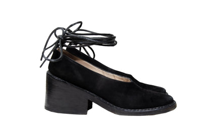 Vintage Ann Demeulemeester black suede block heel wrap around lace shoes
