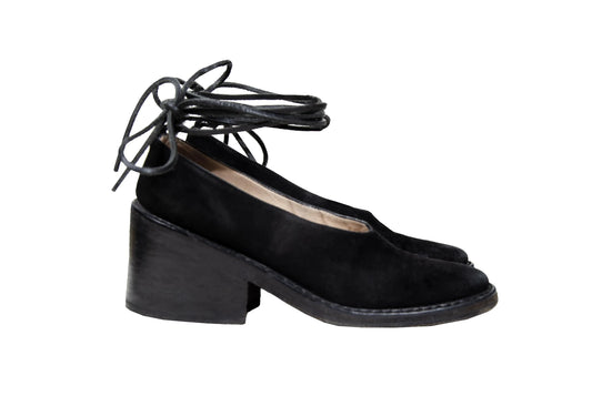 Vintage Ann Demeulemeester black suede block heel wrap around lace shoes