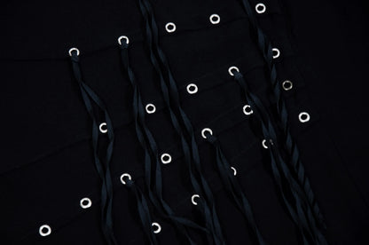 Vintage Jean Colonna black mini skirt with metal eyelets and fabric strips details / Made in Italy