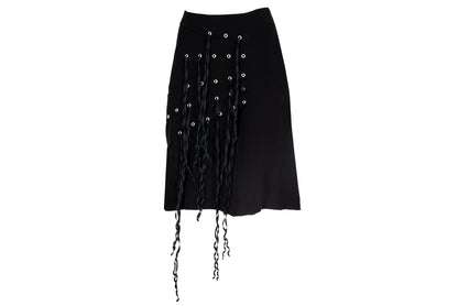 Vintage Jean Colonna black mini skirt with metal eyelets and fabric strips details / Made in Italy