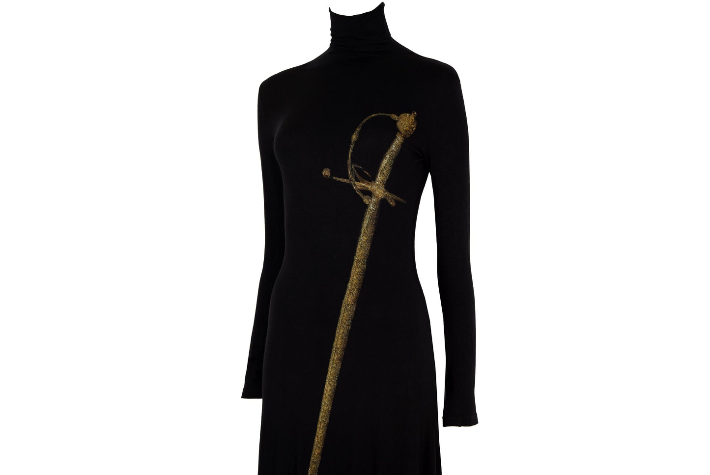 Vintage Spanish designer sword print black turtleneck maxi dress / Made in Spain