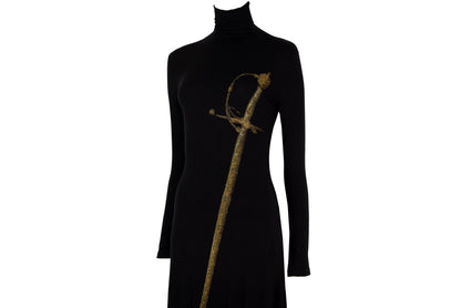 Vintage Spanish designer sword print black turtleneck maxi dress / Made in Spain