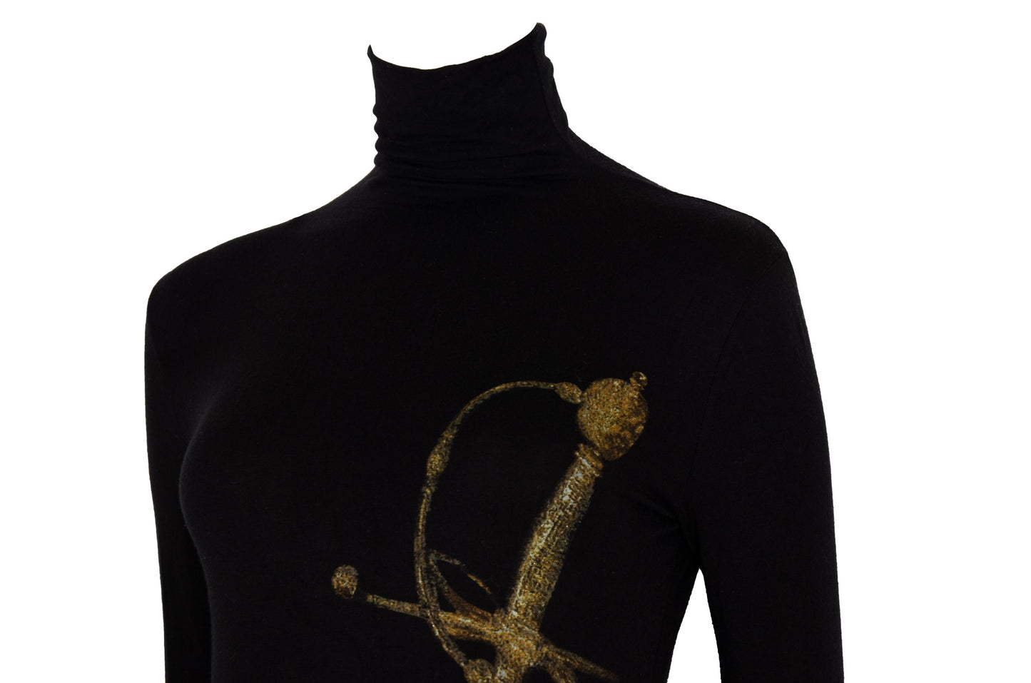 Vintage Spanish designer sword print black turtleneck maxi dress / Made in Spain