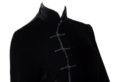 Vintage silk blend black velvet asymmetrical frog closure jacket / Belgian brand silk velvet knot fastener flared sleeves shirt jacket