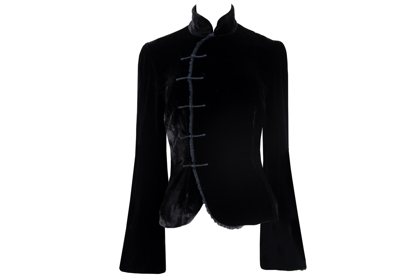 Vintage silk blend black velvet asymmetrical frog closure jacket / Belgian brand silk velvet knot fastener flared sleeves shirt jacket