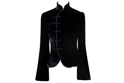 Vintage silk blend black velvet asymmetrical frog closure jacket / Belgian brand silk velvet knot fastener flared sleeves shirt jacket
