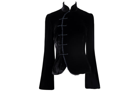 Vintage silk blend black velvet asymmetrical frog closure jacket / Belgian brand silk velvet knot fastener flared sleeves shirt jacket