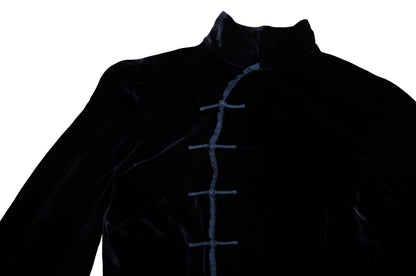Vintage silk blend black velvet asymmetrical frog closure jacket / Belgian brand silk velvet knot fastener flared sleeves shirt jacket