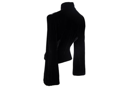 Vintage silk blend black velvet asymmetrical frog closure jacket / Belgian brand silk velvet knot fastener flared sleeves shirt jacket