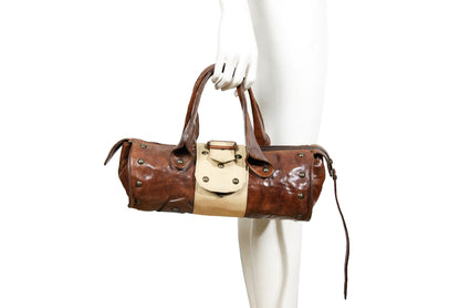 Vintage Collection Privée? brown leather handbag / 90s Collection Privée? east west cognac leather bowling bag / Made in Italy