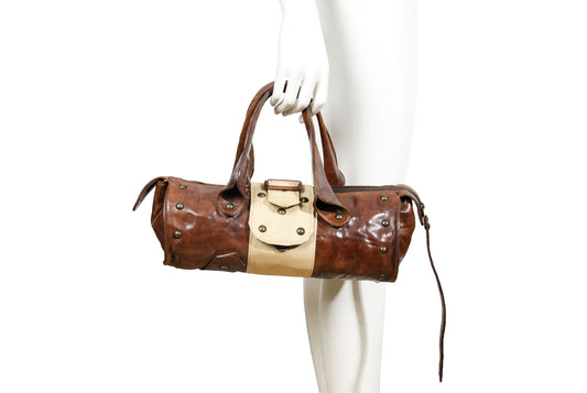 Vintage Collection Privée? brown leather handbag / 90s Collection Privée? east west cognac leather bowling bag / Made in Italy