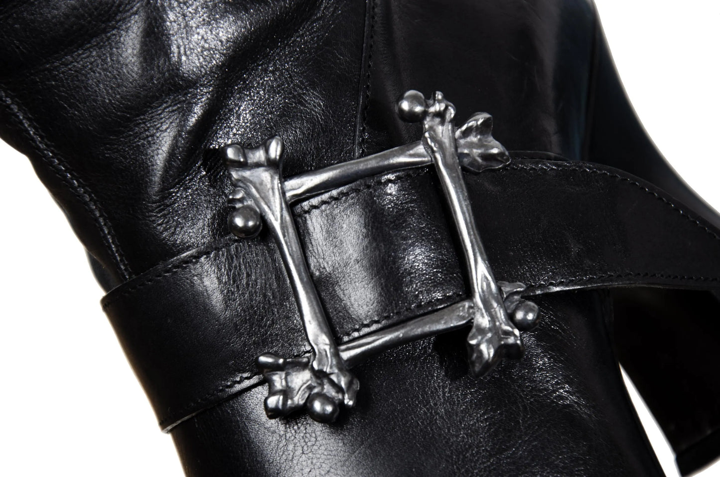Vintage Michel Perry black leather square toe tall hourglass heels boots with metal bones buckle / Made in Italy