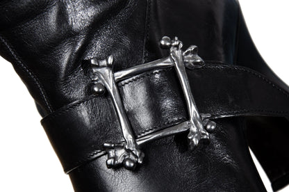 Vintage Michel Perry black leather square toe tall hourglass heels boots with metal bones buckle / Made in Italy