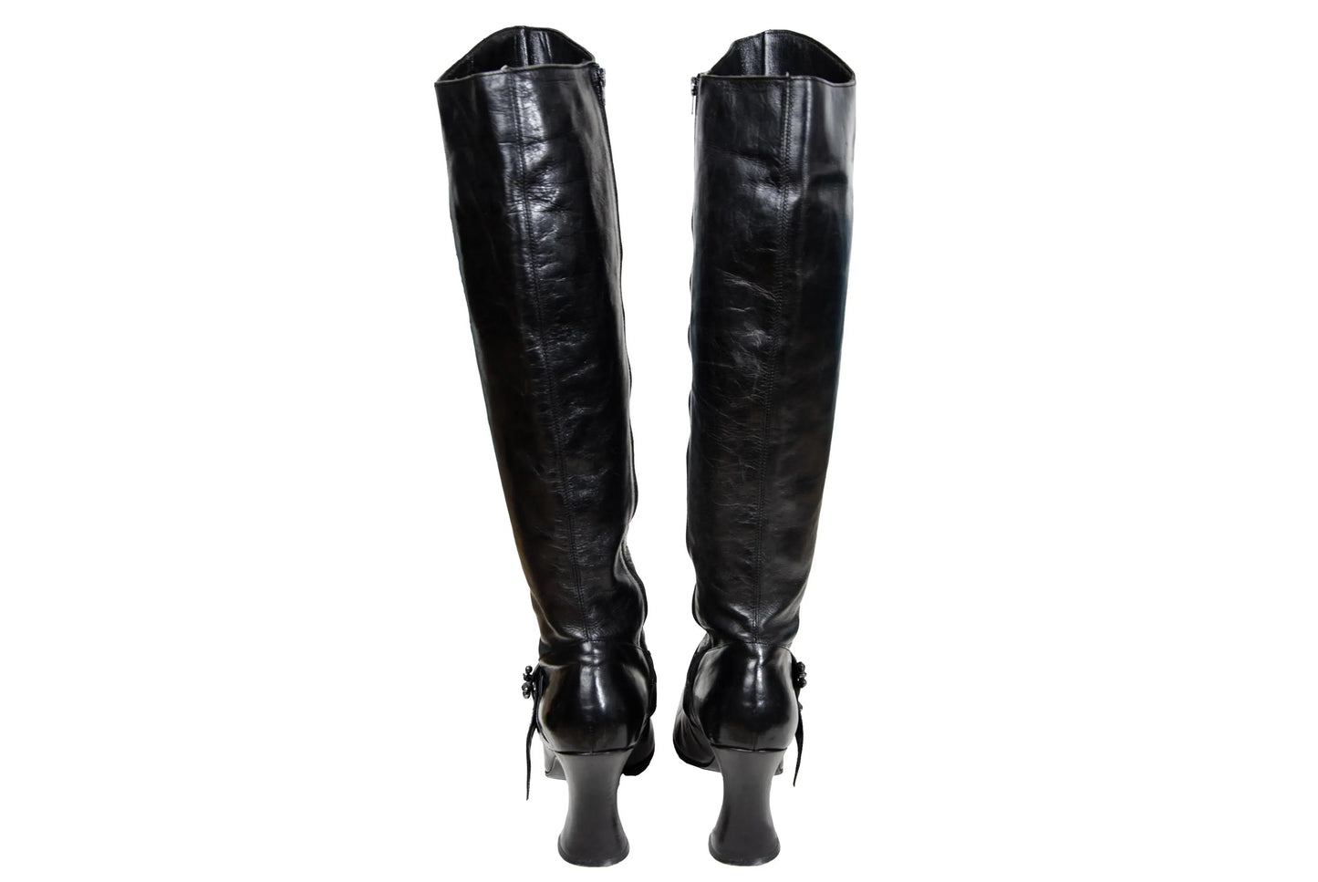 Vintage Michel Perry black leather square toe tall hourglass heels boots with metal bones buckle / Made in Italy