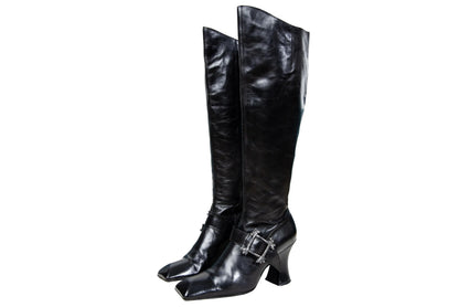 Vintage Michel Perry black leather square toe tall hourglass heels boots with metal bones buckle / Made in Italy