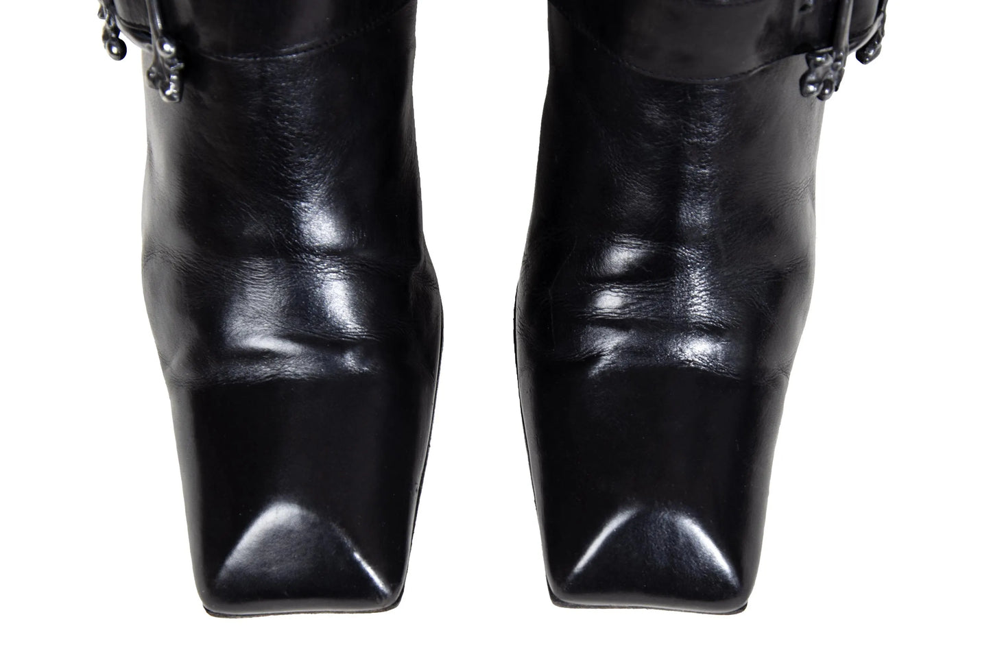 Vintage Michel Perry black leather square toe tall hourglass heels boots with metal bones buckle / Made in Italy
