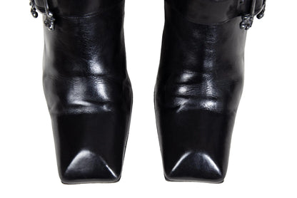 Vintage Michel Perry black leather square toe tall hourglass heels boots with metal bones buckle / Made in Italy