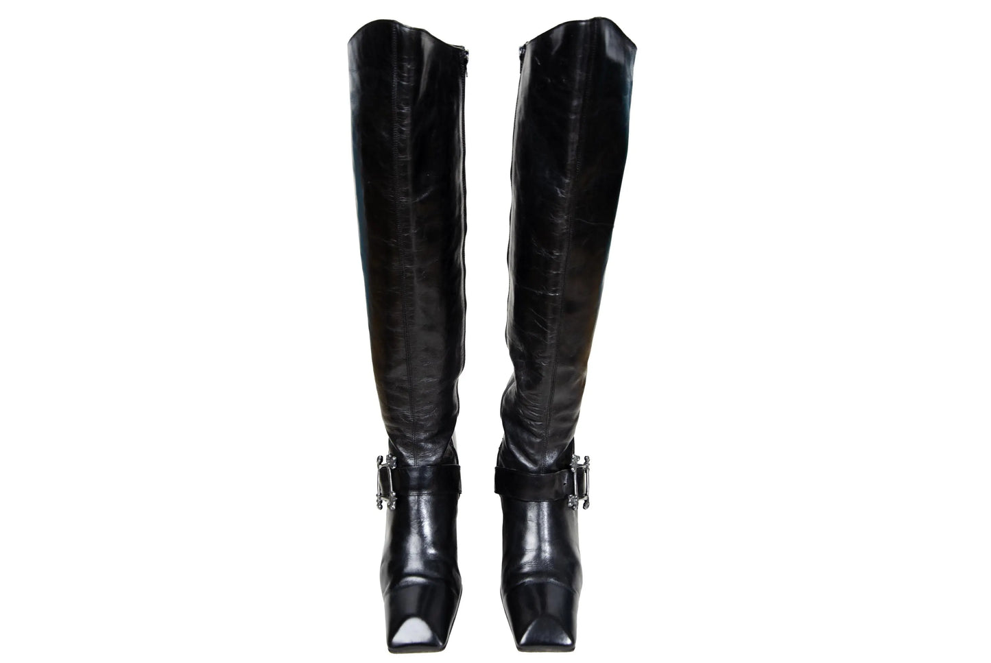 Vintage Michel Perry black leather square toe tall hourglass heels boots with metal bones buckle / Made in Italy