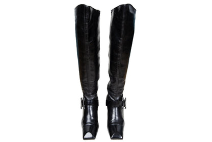 Vintage Michel Perry black leather square toe tall hourglass heels boots with metal bones buckle / Made in Italy