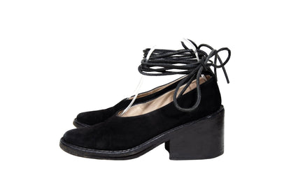 Vintage Ann Demeulemeester black suede block heel wrap around lace shoes