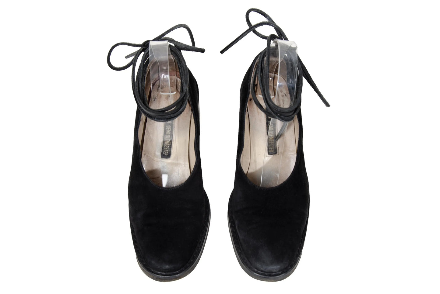 Vintage Ann Demeulemeester black suede block heel wrap around lace shoes