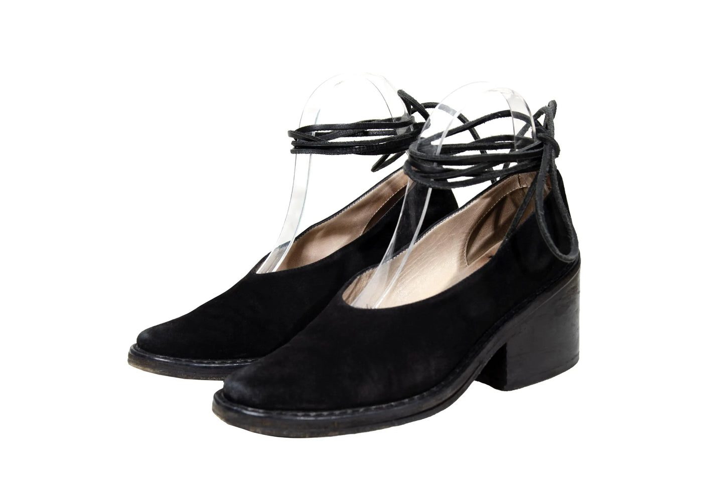 Vintage Ann Demeulemeester black suede block heel wrap around lace shoes