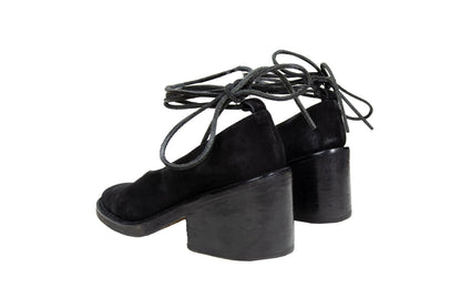 Vintage Ann Demeulemeester black suede block heel wrap around lace shoes