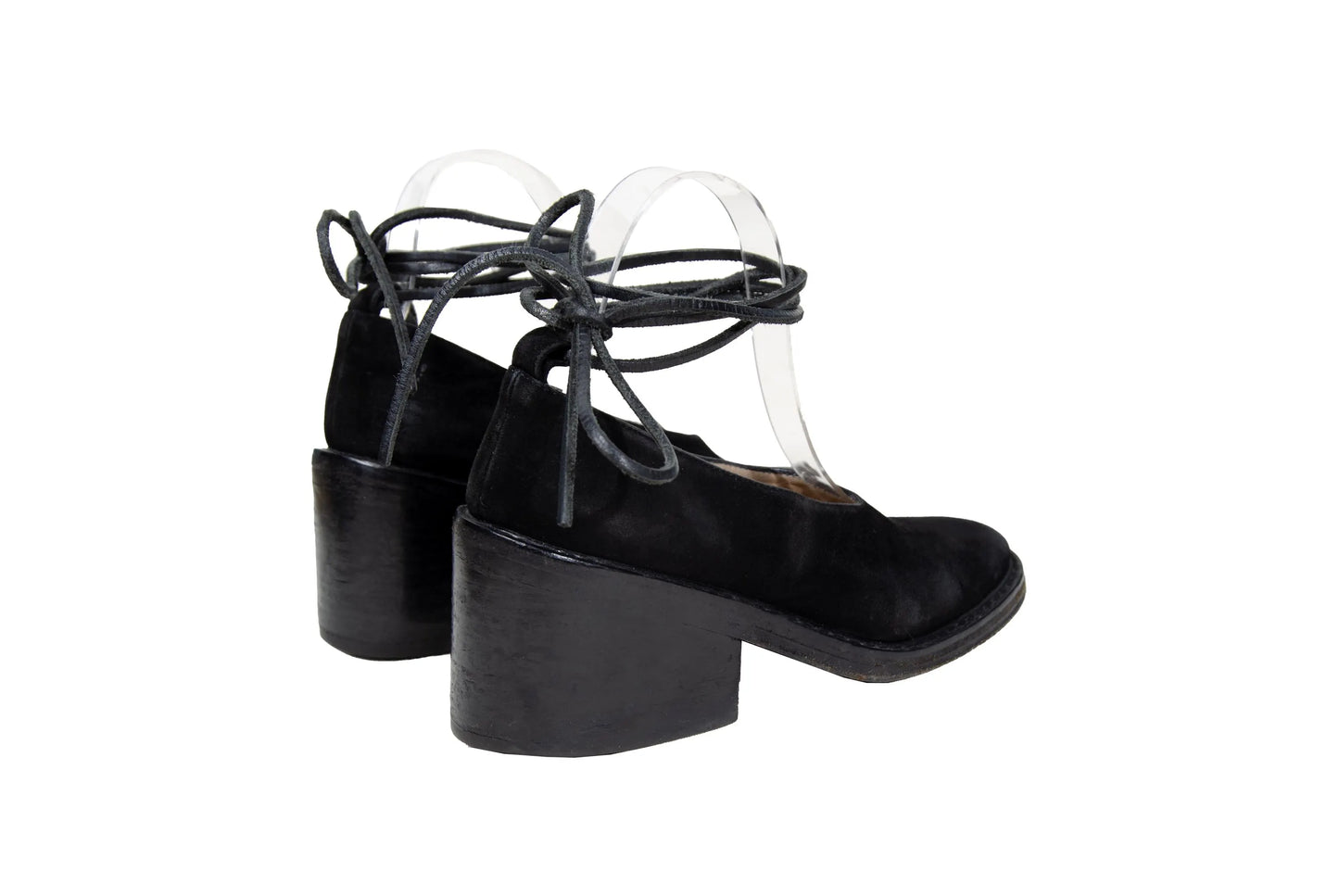Vintage Ann Demeulemeester black suede block heel wrap around lace shoes
