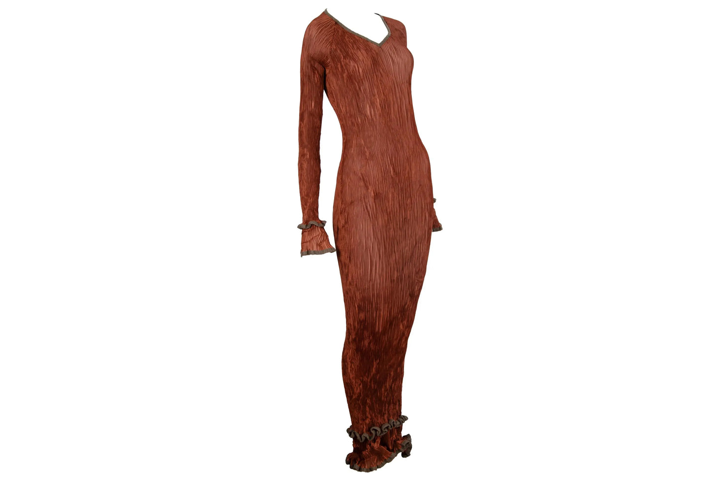90s Kaat Tilley pleated maxi dress / Rust permanent pleats Belgian designer long dress / Made in Belgium