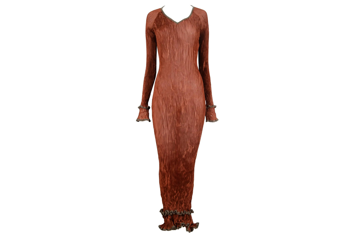 90s Kaat Tilley pleated maxi dress / Rust permanent pleats Belgian designer long dress / Made in Belgium
