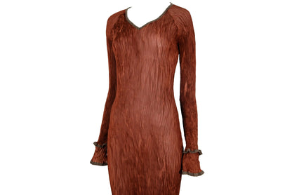 90s Kaat Tilley pleated maxi dress / Rust permanent pleats Belgian designer long dress / Made in Belgium