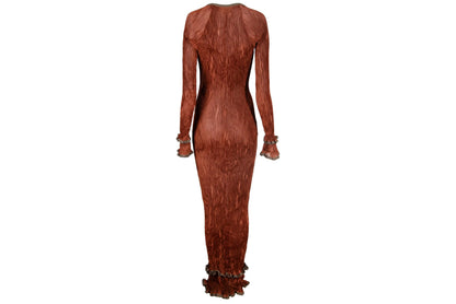 90s Kaat Tilley pleated maxi dress / Rust permanent pleats Belgian designer long dress / Made in Belgium