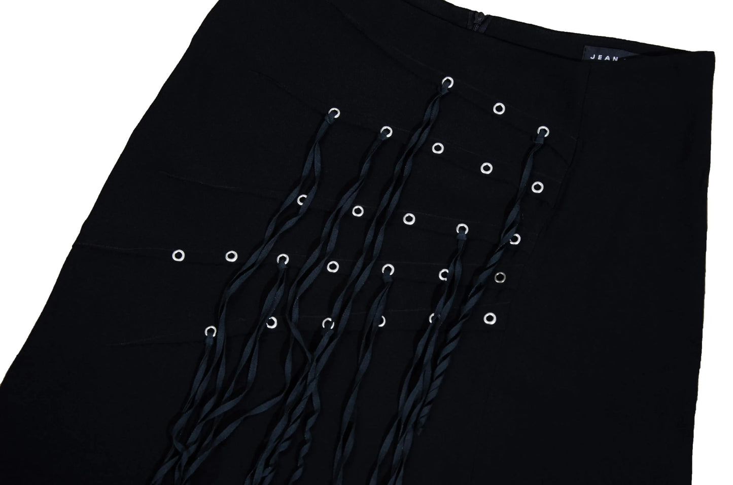 Vintage Jean Colonna black mini skirt with metal eyelets and fabric strips details / Made in Italy