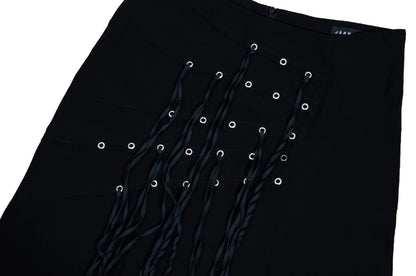 Vintage Jean Colonna black mini skirt with metal eyelets and fabric strips details / Made in Italy