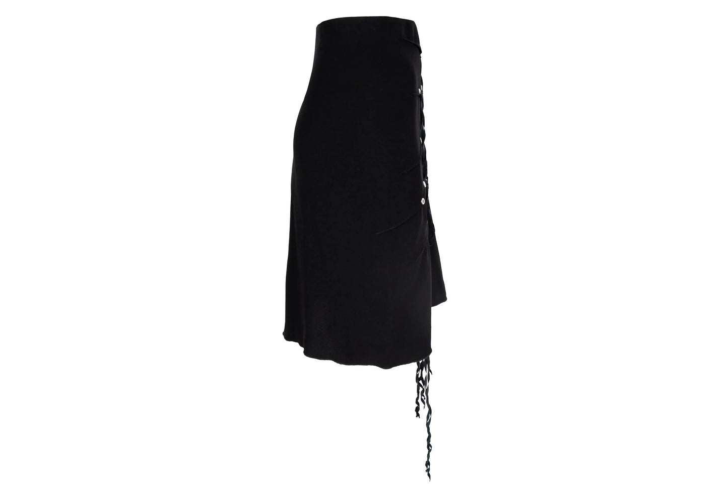 Vintage Jean Colonna black mini skirt with metal eyelets and fabric strips details / Made in Italy