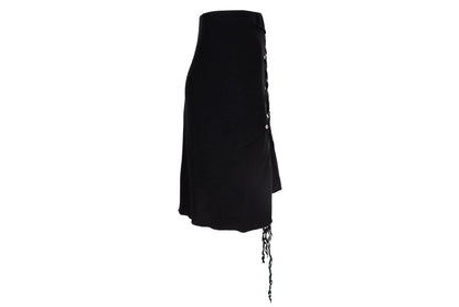 Vintage Jean Colonna black mini skirt with metal eyelets and fabric strips details / Made in Italy