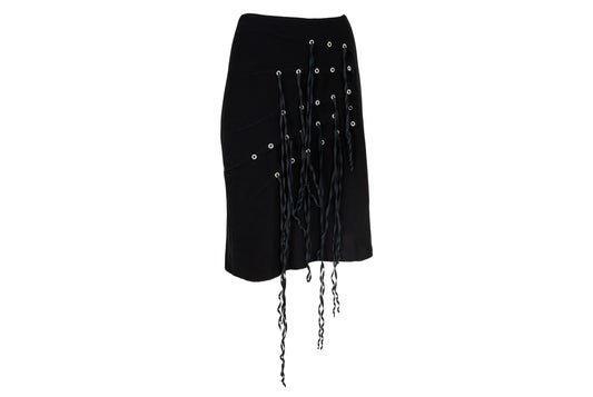 Vintage Jean Colonna black mini skirt with metal eyelets and fabric strips details / Made in Italy