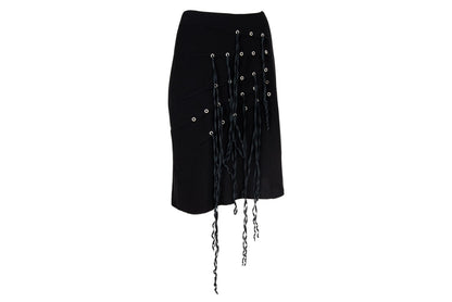 Vintage Jean Colonna black mini skirt with metal eyelets and fabric strips details / Made in Italy